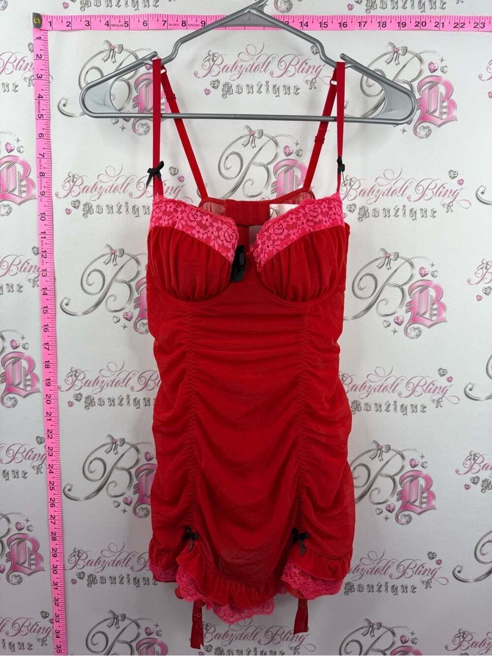 La SENZA babydoll Dress mini lingerie sexy Red Chemise with Pink Lace Accents